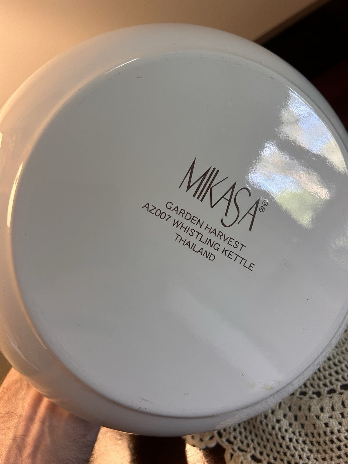 Vintage MIKASA Garden Harvest 2.5qt Whistling Tea Kettle Pot Stovetop Enamelware