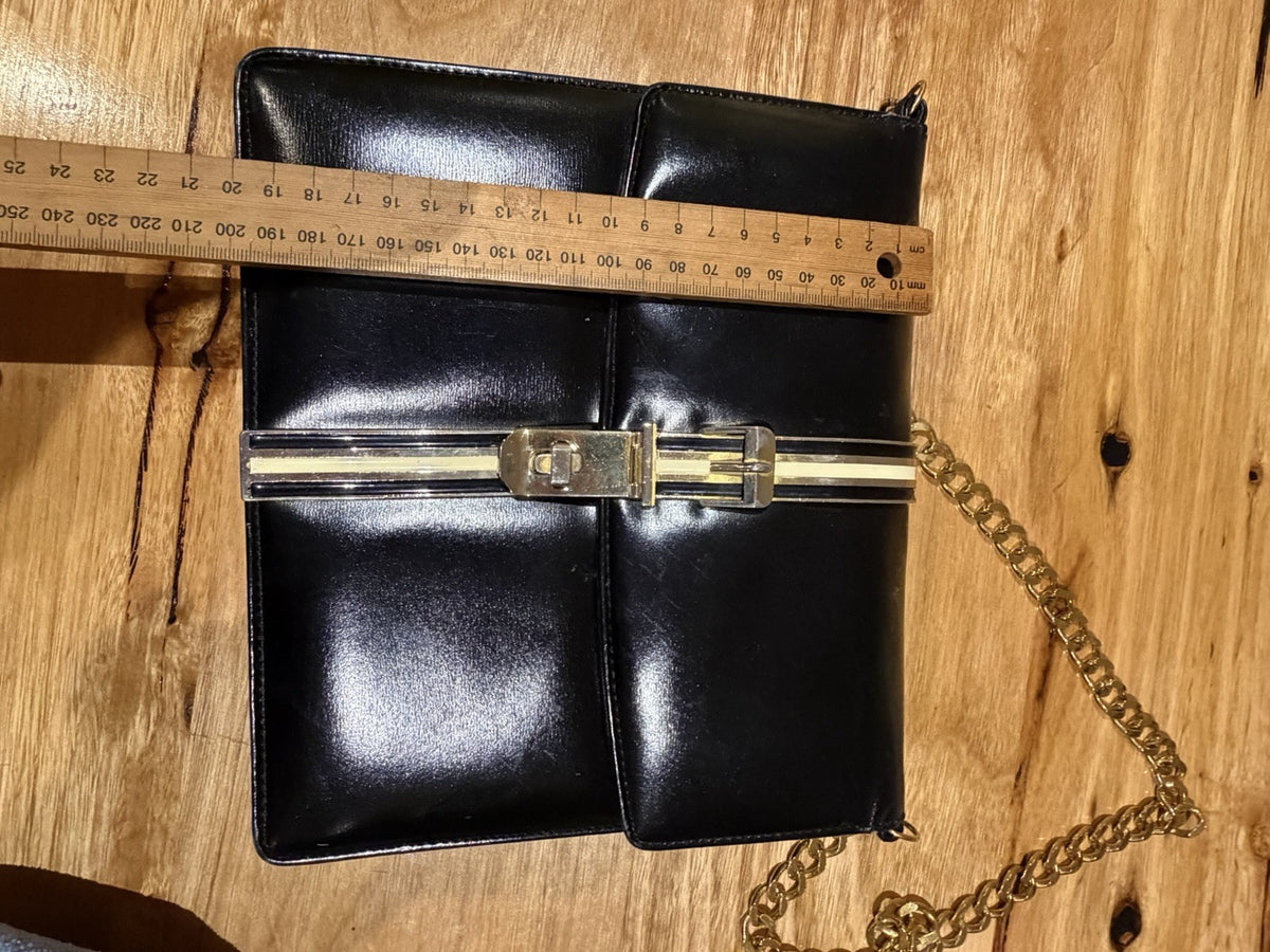 Vintage 1960s Cartner London Melbourne Handmade Black Hide Handbag Gold Chain