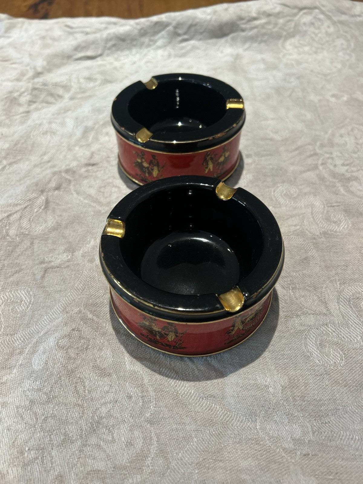 Vintage Italian Ceramiche Fiorentine Ashtrays Pair Red Black Gold c1950s 
