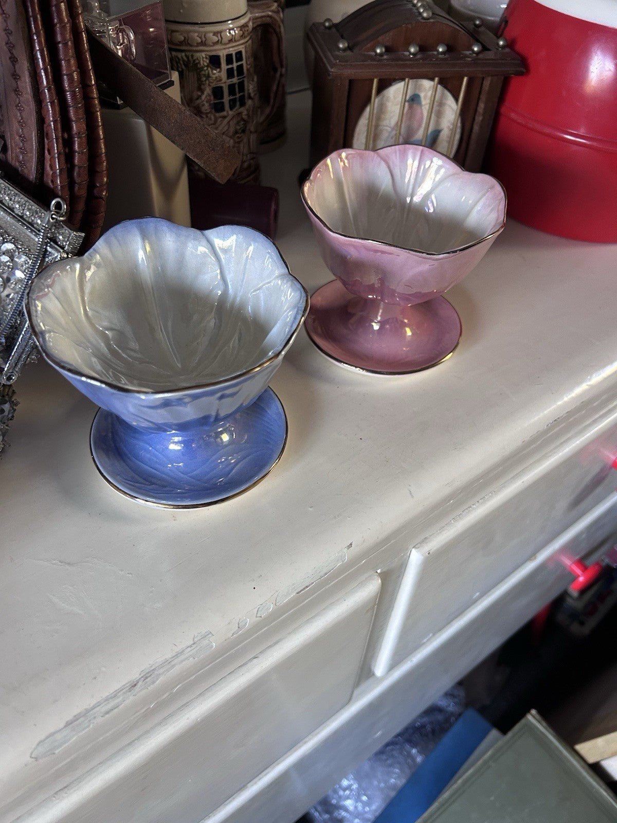 Vintage 1930s Maling Lustreware Pedestal Dishes – Pink & Blue Pair
