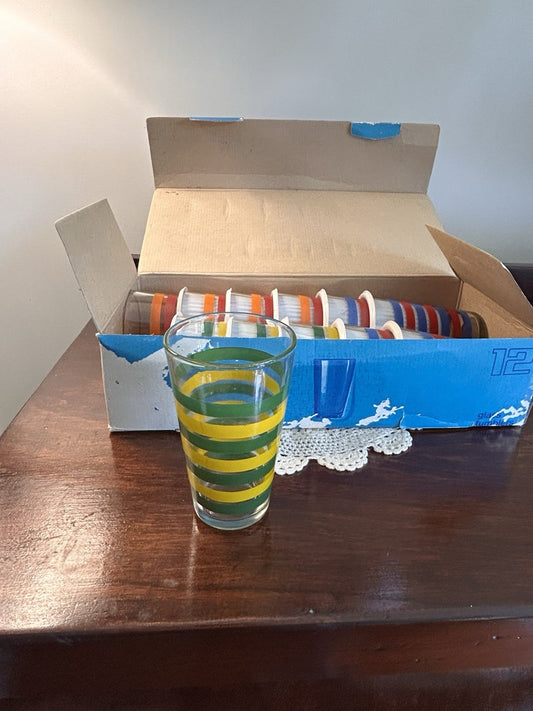Vintage Tranzore Glass Tumblers Set of 12 – Decorated Coloured Rims Boxed NOS