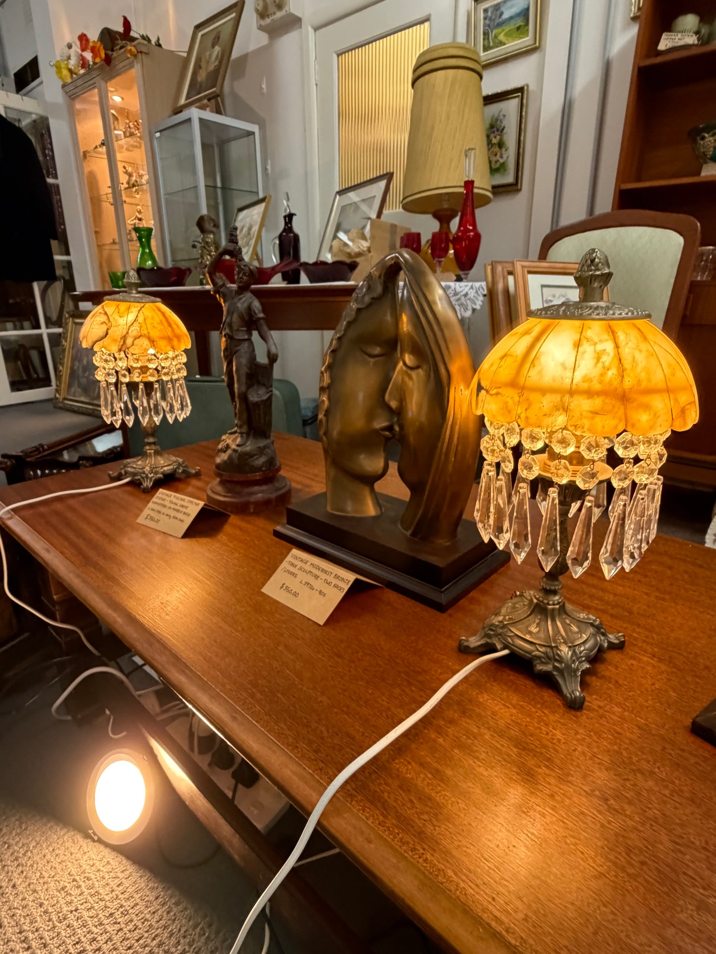 Art Noveau Alabaster Lamps with bronze base - Pair