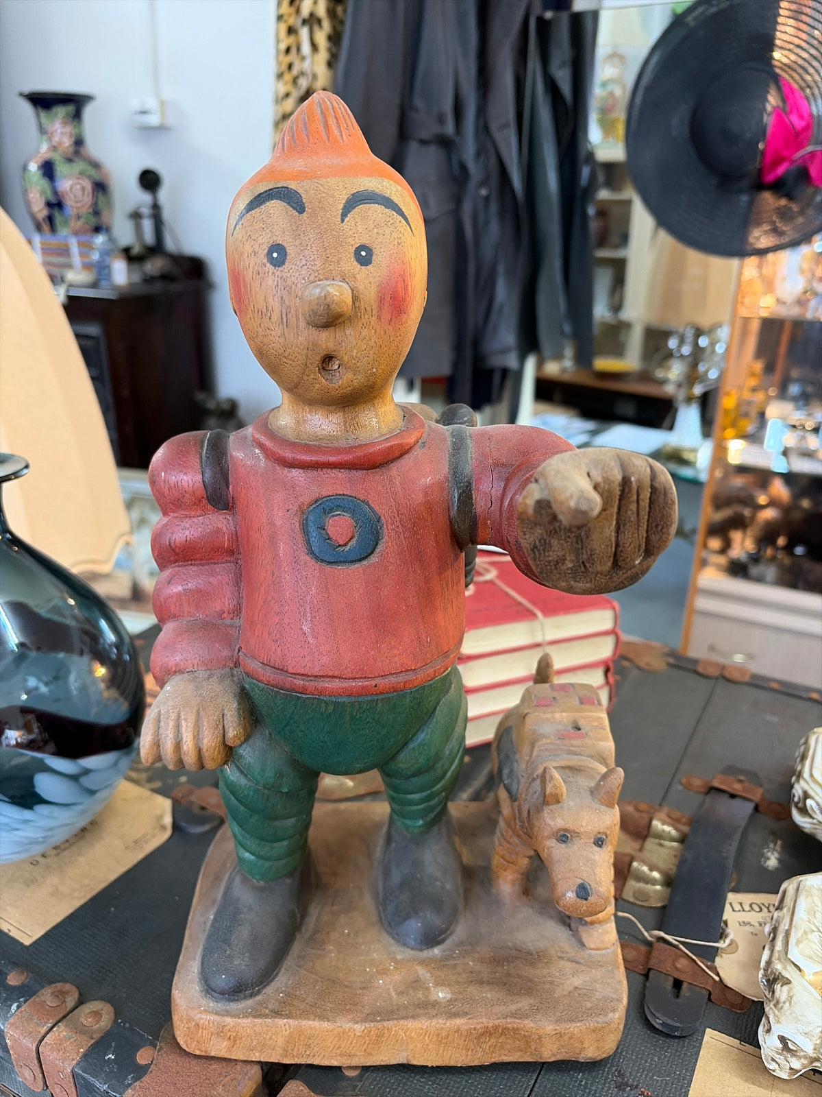 Vintage Hand-Carved Wooden Tintin & Snowy (Milou) Adventurer Sculpture – 37cm