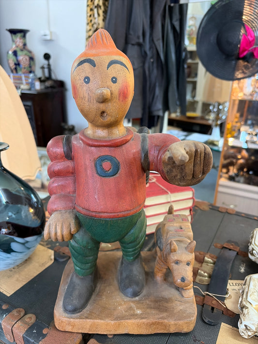 Vintage Hand-Carved Wooden Tintin & Snowy (Milou) Adventurer Sculpture – 37cm
