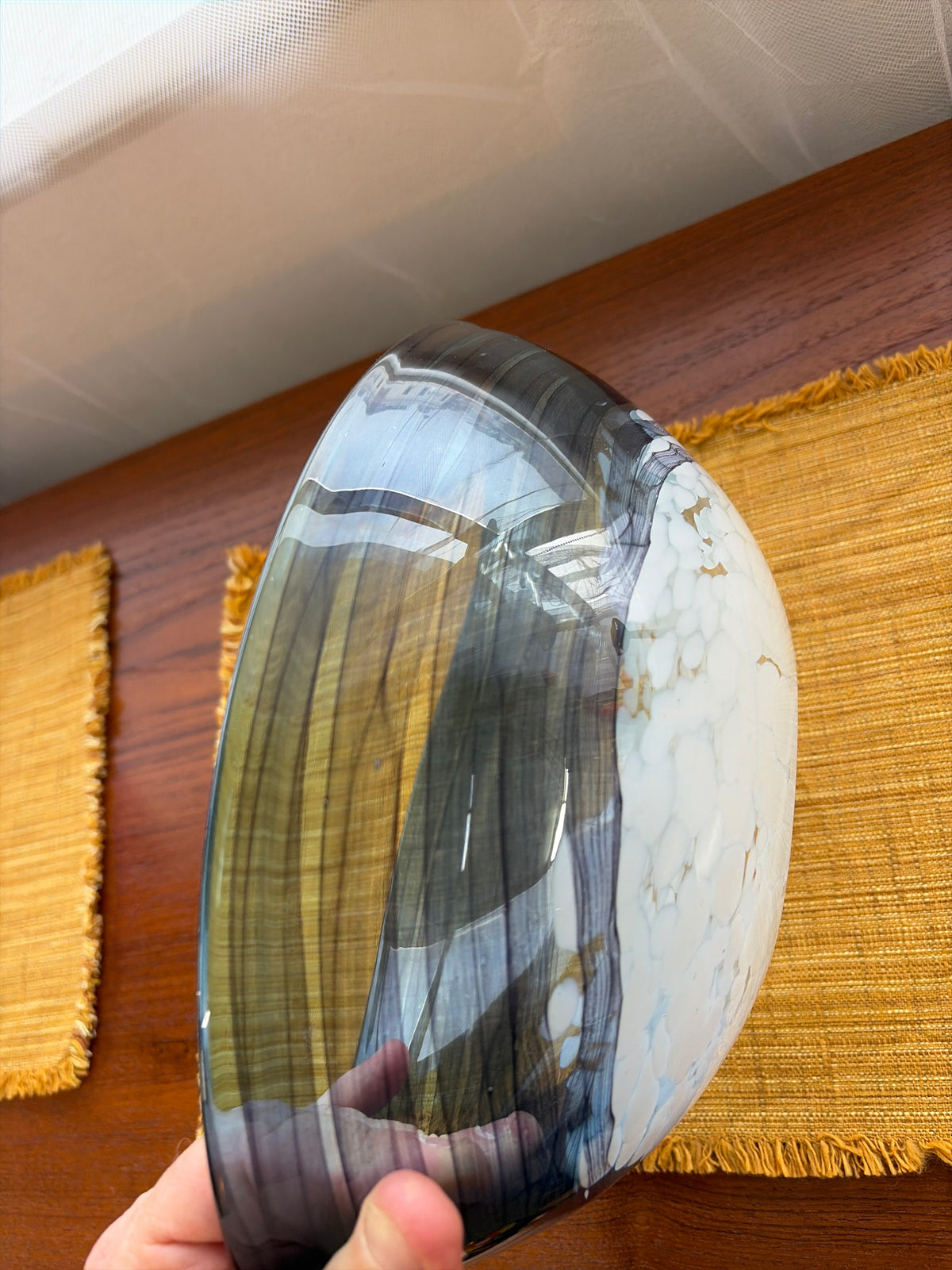Large Vintage Czech Art Glass Freeform Bowl – Smoky Blue & White, Mid-Late 20th Century