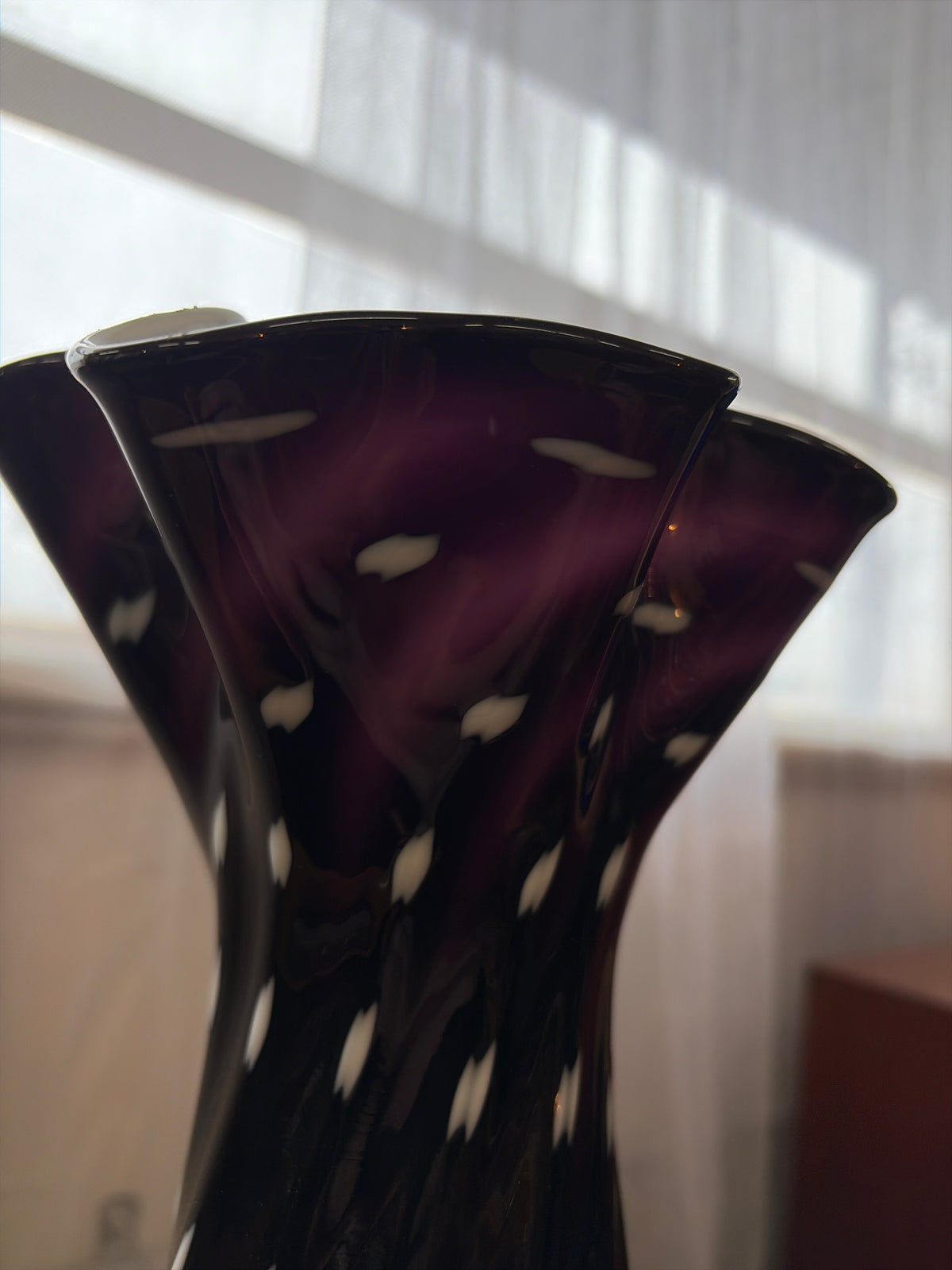 Large Vintage Hand-Blown Art Glass Cuffed Vase – Aubergine, Black & White, c.1960s–70s