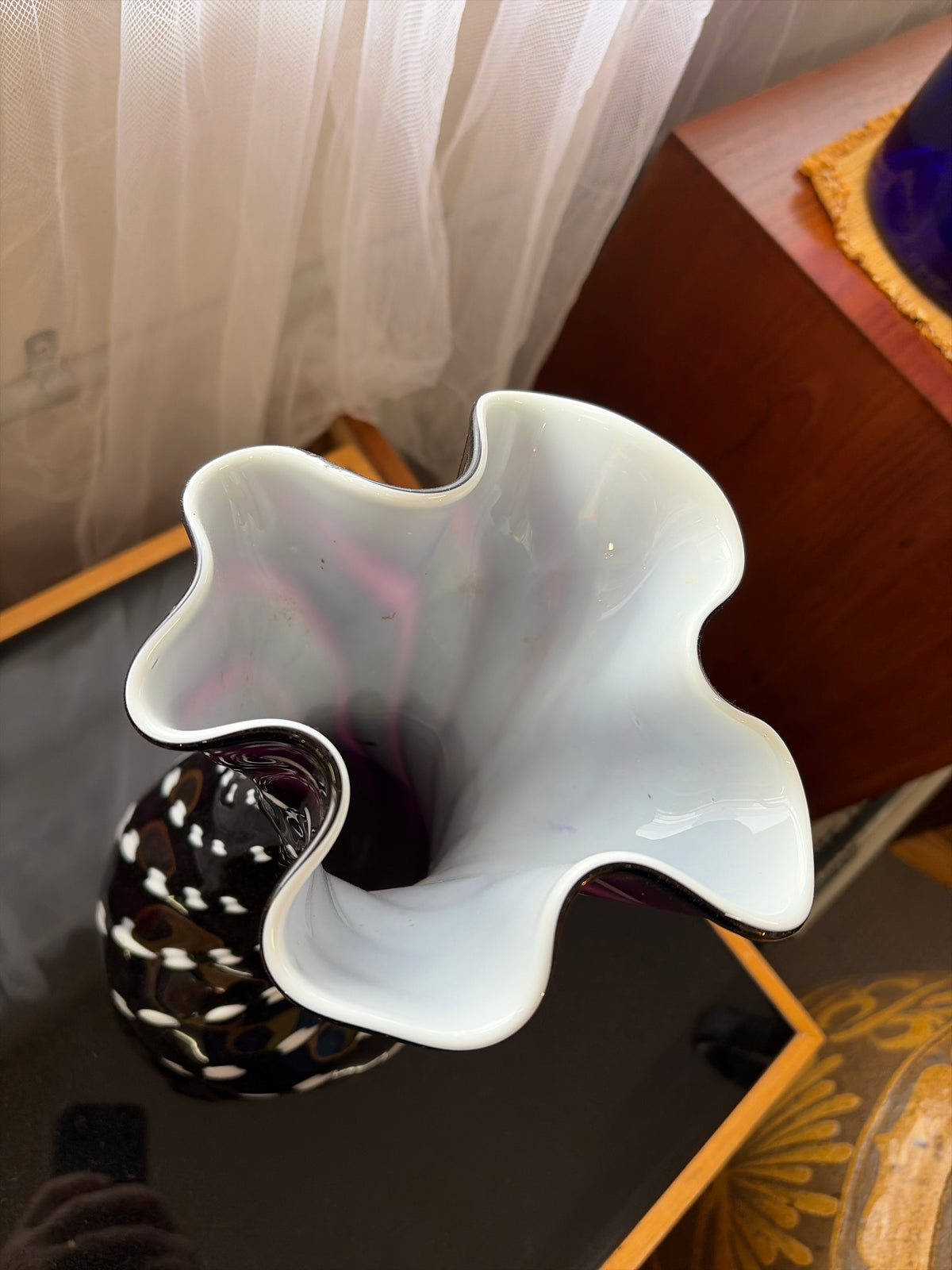 Large Vintage Hand-Blown Art Glass Cuffed Vase – Aubergine, Black & White, c.1960s–70s