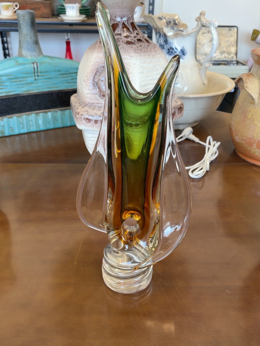 Vintage Italian Murano-Attributed Sommerso Art Glass Sculpture – Green & Amber – c.1960s–70s
