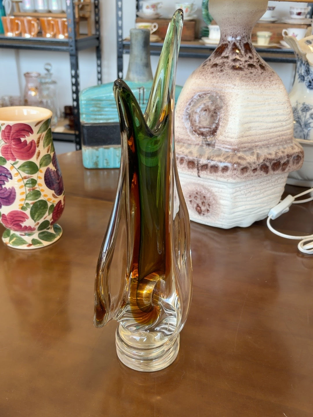 Vintage Italian Murano-Attributed Sommerso Art Glass Sculpture – Green & Amber – c.1960s–70s