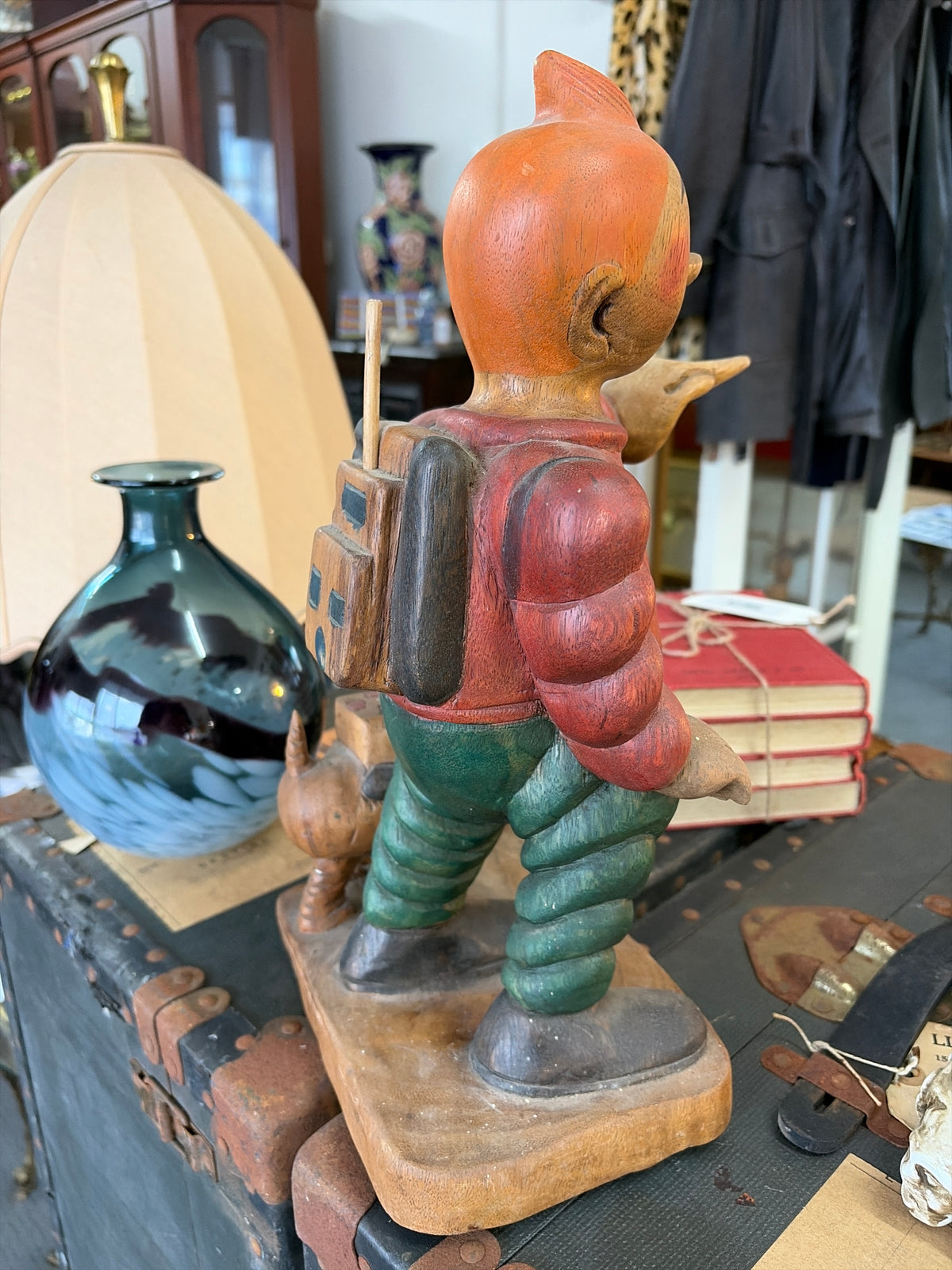 Vintage Hand-Carved Wooden Tintin & Snowy (Milou) Adventurer Sculpture – 37cm