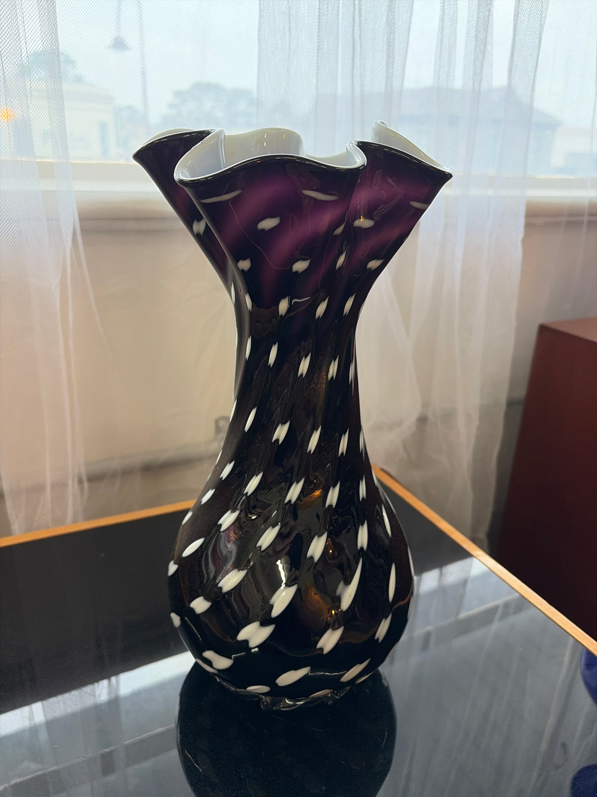 Large Vintage Hand-Blown Art Glass Cuffed Vase – Aubergine, Black & White, c.1960s–70s