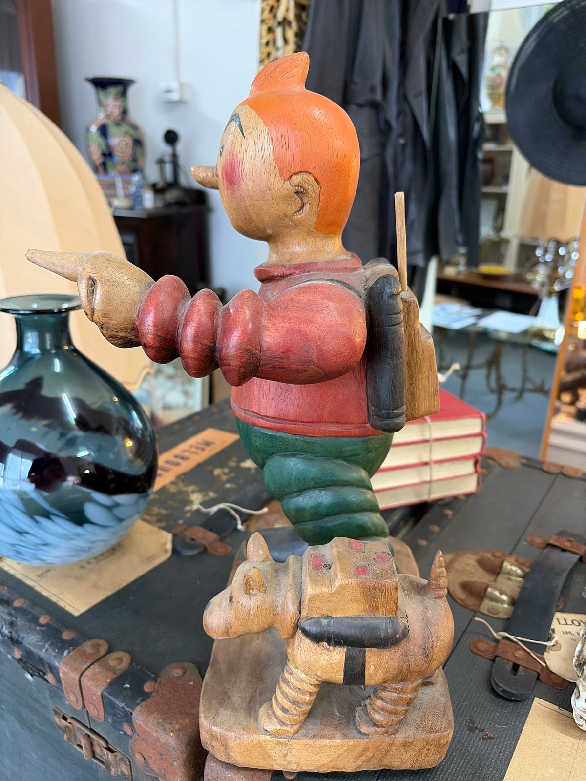 Vintage Hand-Carved Wooden Tintin & Snowy (Milou) Adventurer Sculpture – 37cm