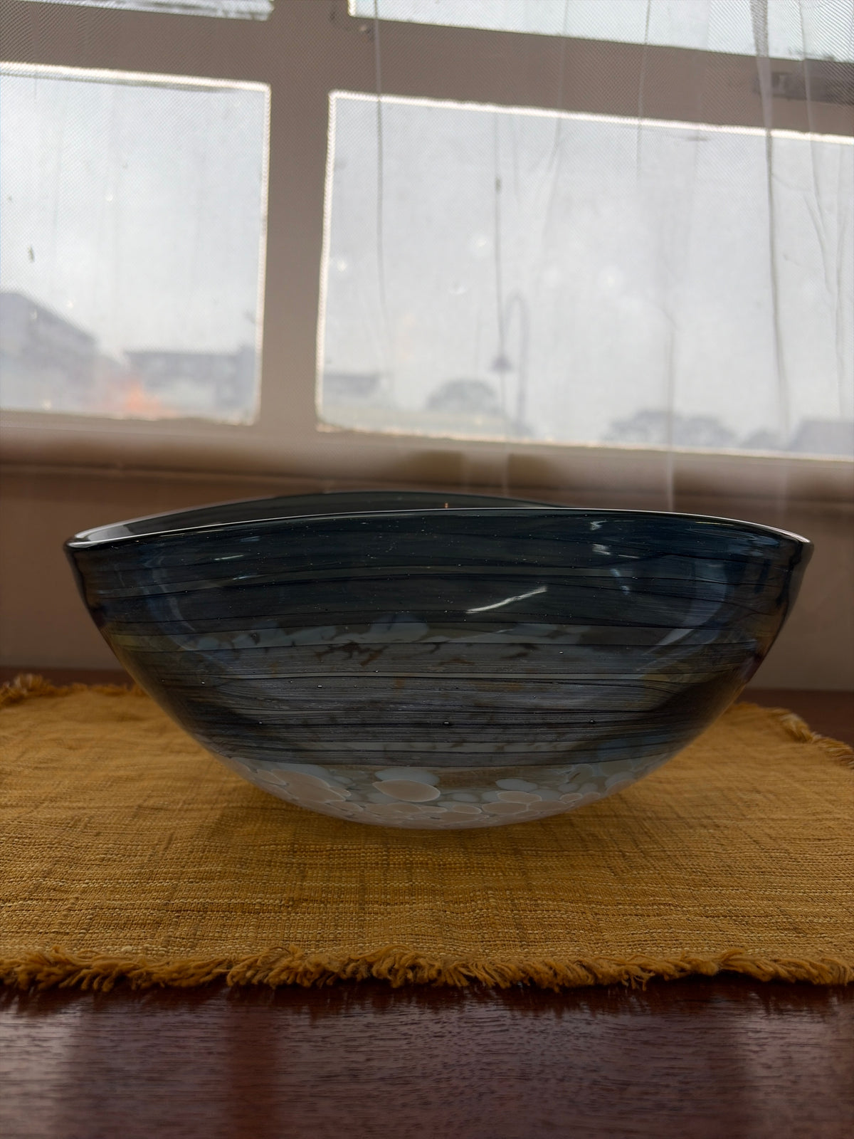 Large Vintage Czech Art Glass Freeform Bowl – Smoky Blue & White, Mid-Late 20th Century