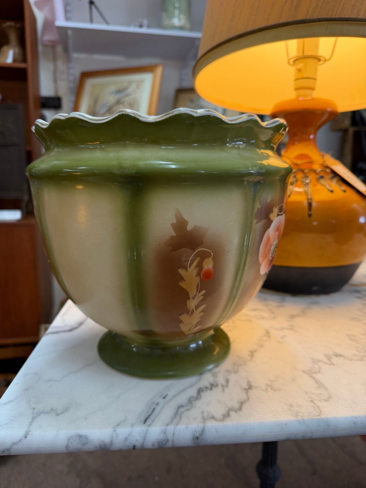Green Hand Painted Jardinière Cache Pot | G&S Albany & Harvey | Floral Art Pottery | c.1900–1920
