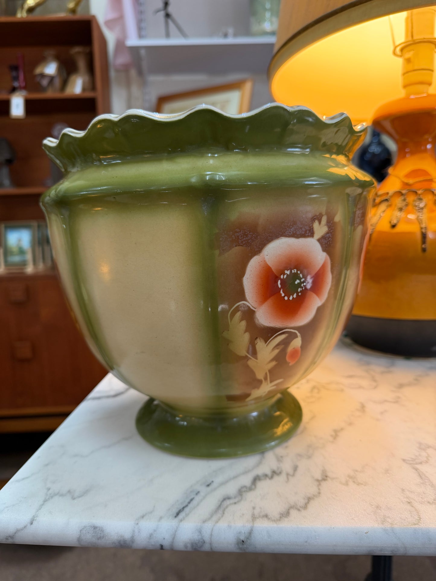 Green Hand Painted Jardinière Cache Pot | G&S Albany & Harvey | Floral Art Pottery | c.1900–1920