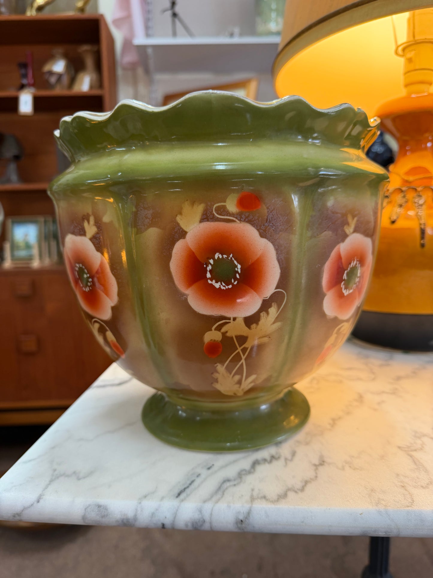 Green Hand Painted Jardinière Cache Pot | G&S Albany & Harvey | Floral Art Pottery | c.1900–1920