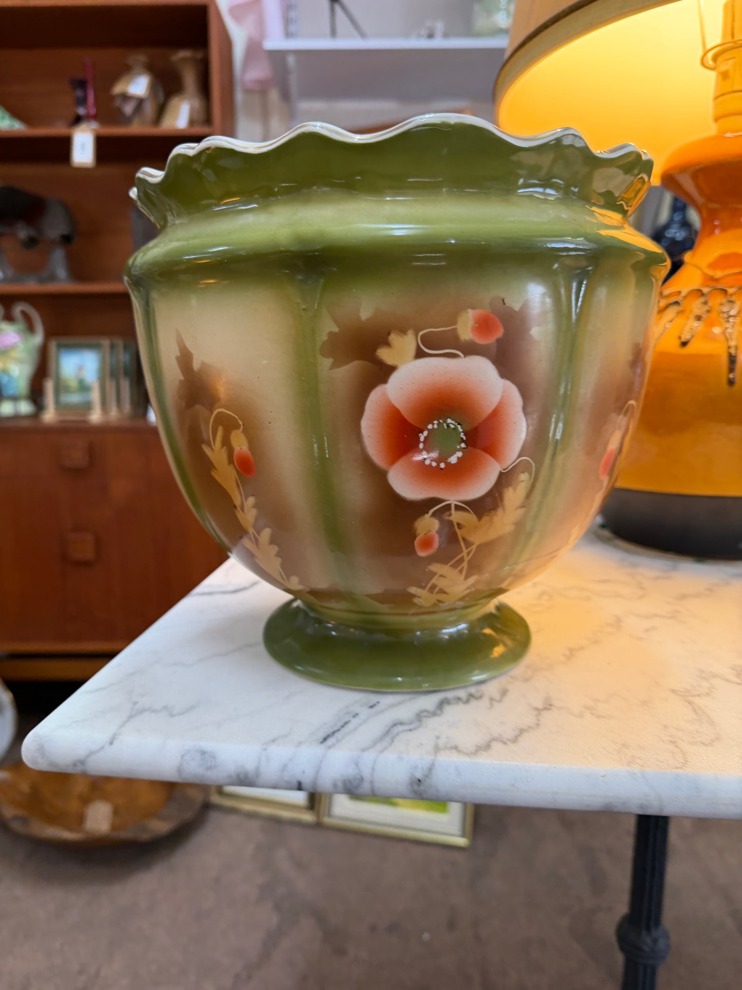 Green Hand Painted Jardinière Cache Pot | G&S Albany & Harvey | Floral Art Pottery | c.1900–1920