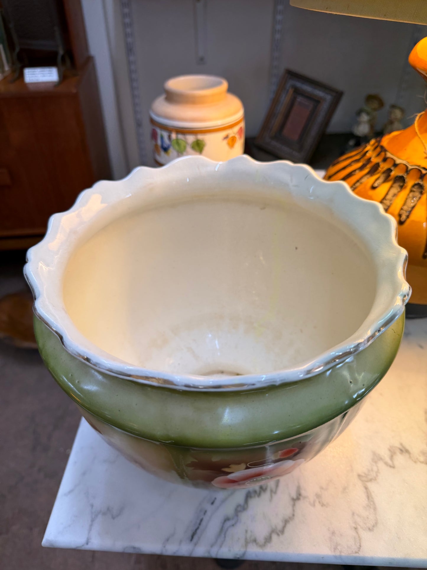 Green Hand Painted Jardinière Cache Pot | G&S Albany & Harvey | Floral Art Pottery | c.1900–1920