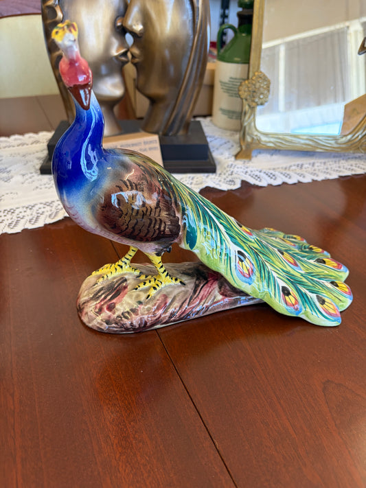 Vintage Italian Ceramic Peacock Figurine Hand Painted Italy 1954 Majolica Style