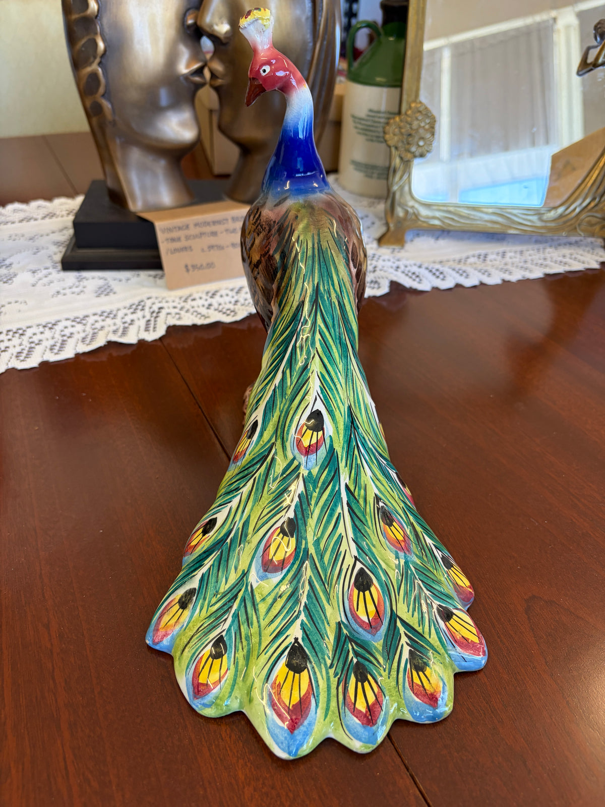 Vintage Italian Ceramic Peacock Figurine Hand Painted Italy 1954 Majolica Style