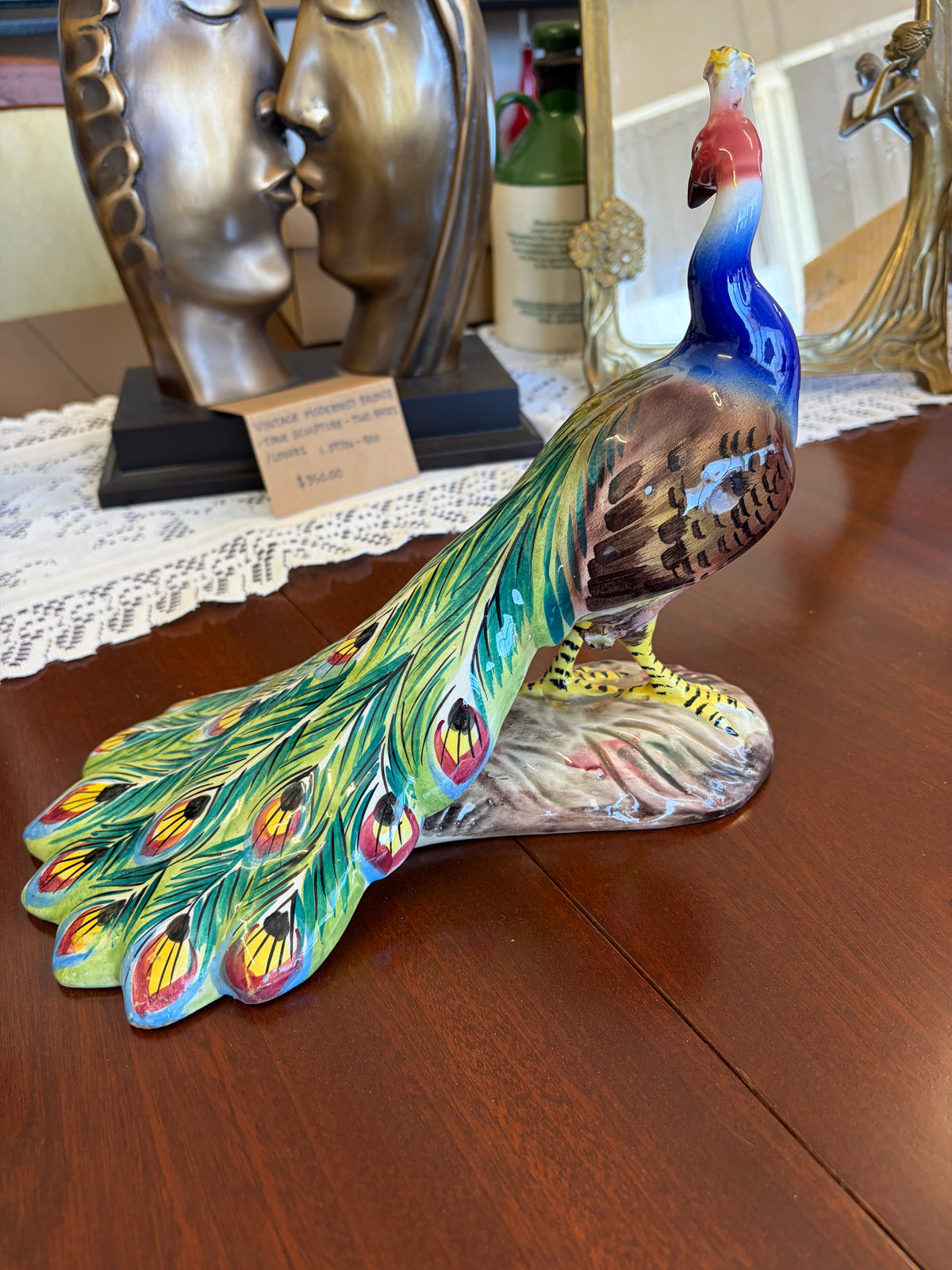 Vintage Italian Ceramic Peacock Figurine Hand Painted Italy 1954 Majolica Style