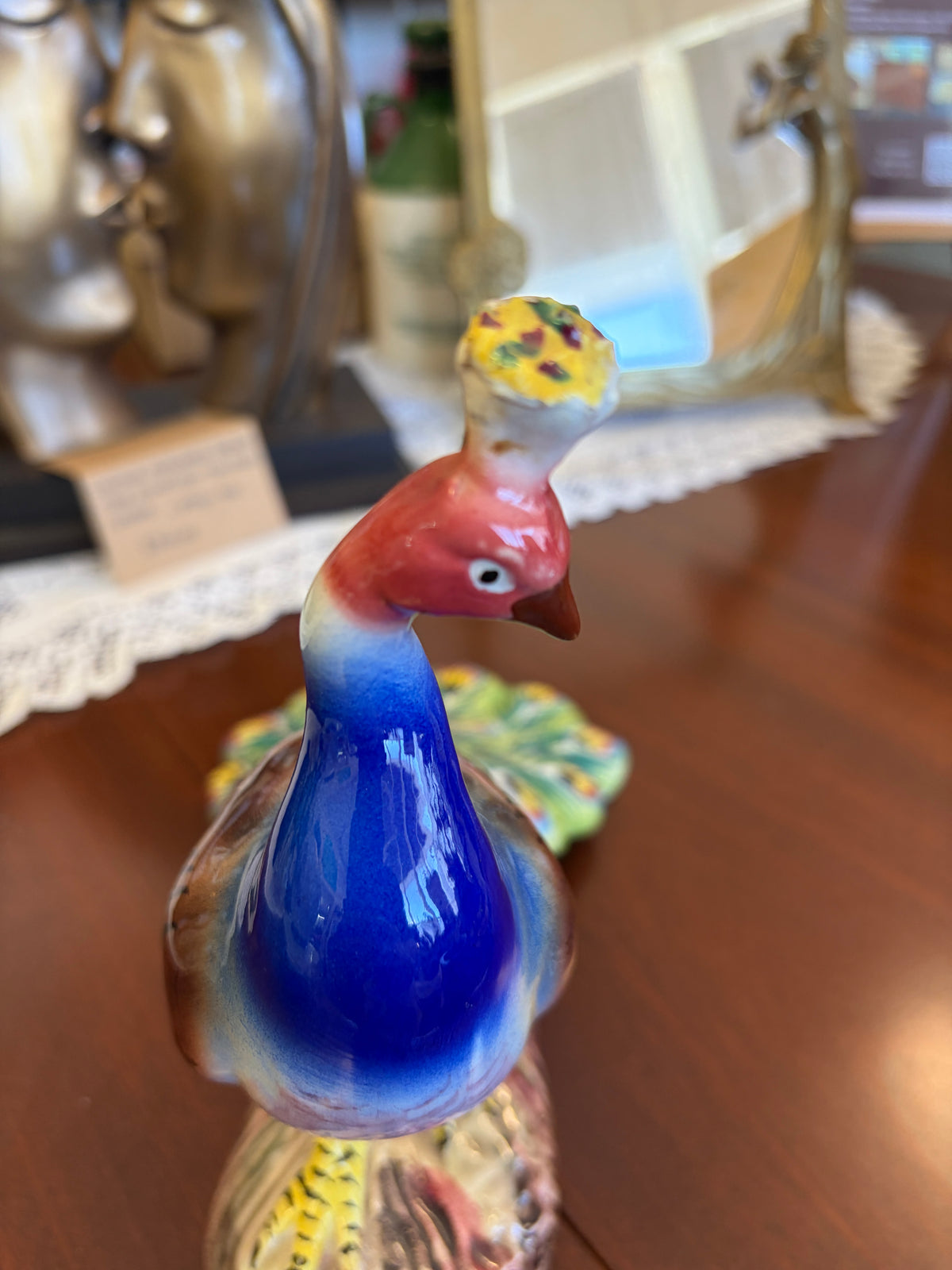 Vintage Italian Ceramic Peacock Figurine Hand Painted Italy 1954 Majolica Style