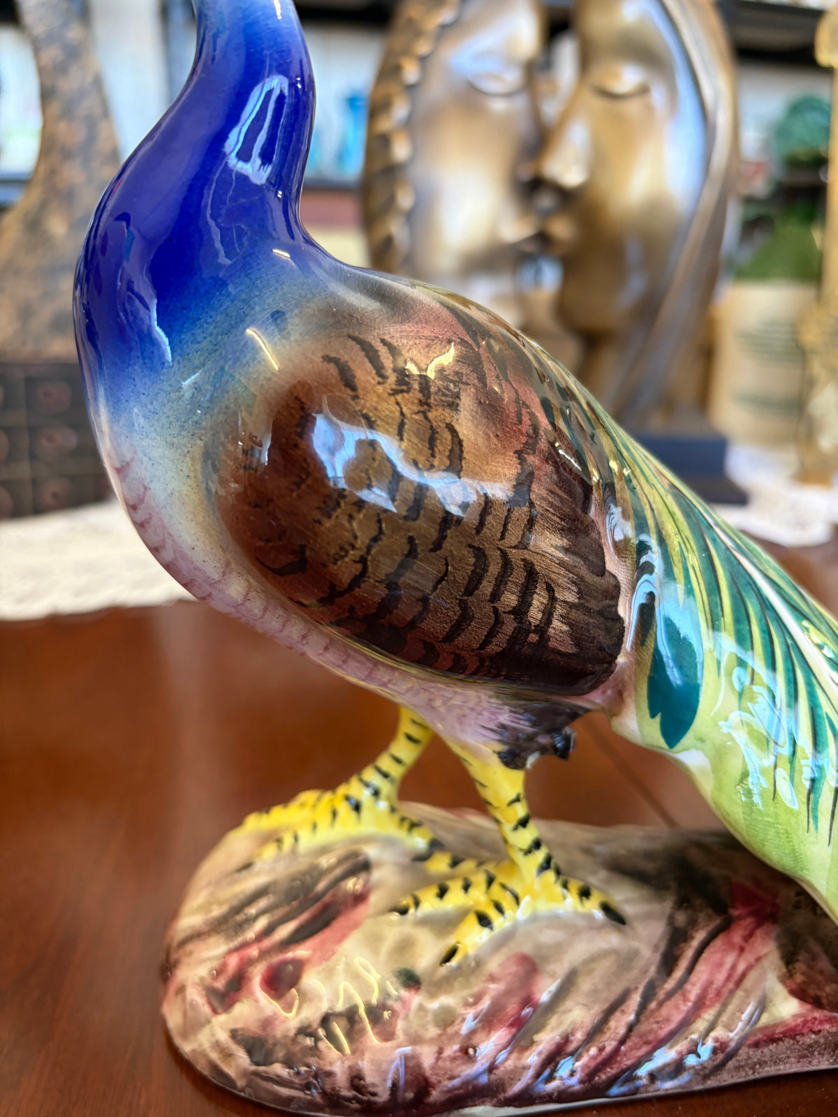 Vintage Italian Ceramic Peacock Figurine Hand Painted Italy 1954 Majolica Style